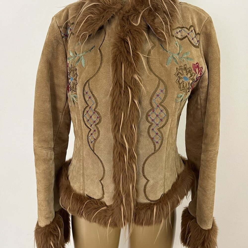 Vintage Y2K XOXO Tan Suede Jacket Faux Fur Trim Embroidered Flowers Women's M - Picture 13 of 16